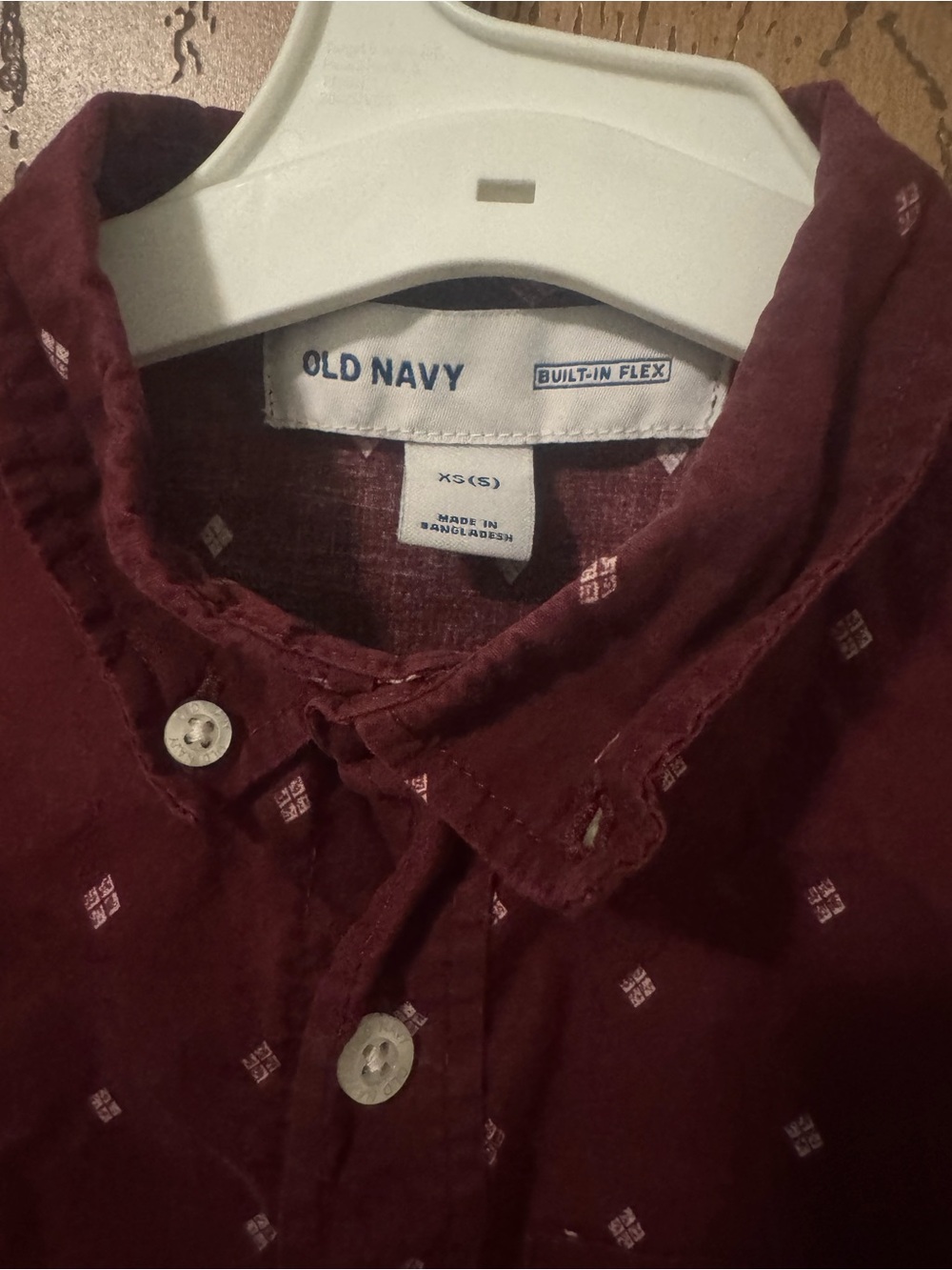Old Navy Men's Burgundy Button-Down Shirt with Subtle White Print